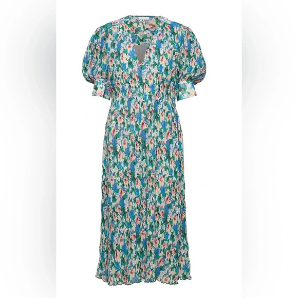 ! NWT New $325 GANNI Multicolor V-Neck Midi Floral Azure Blue Dress Size 2… - Picture 1 of 4